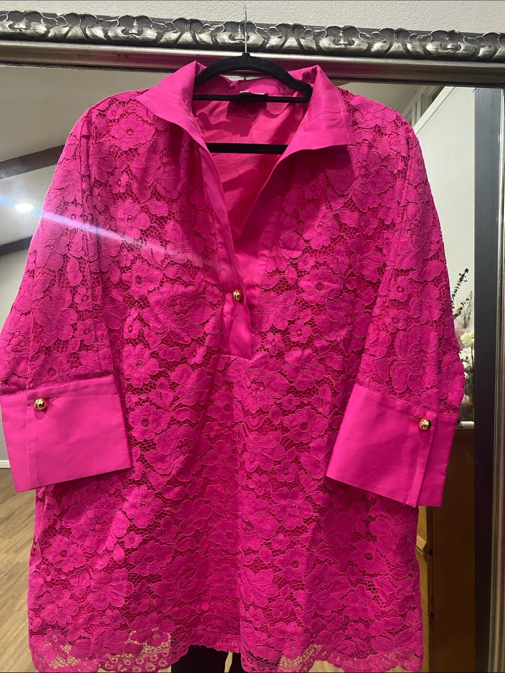 Tuckernuck Fuchsia Lace Tunic with Gold Buttons